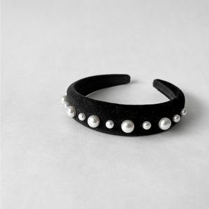Black handmade padded headband with pearl embellishments